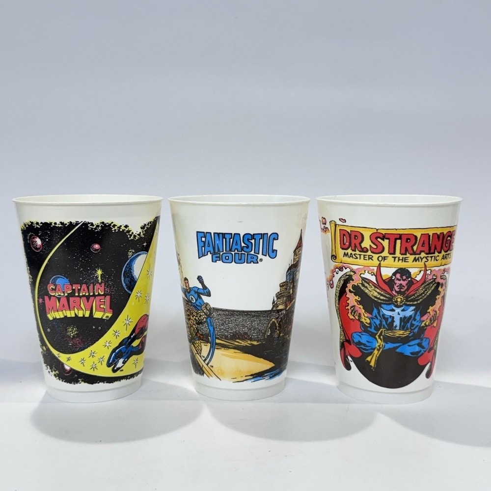 1977 7-Eleven Marvel Promo Slurpee Cups Lot of 3‎ Dr Strange Fantastic Four